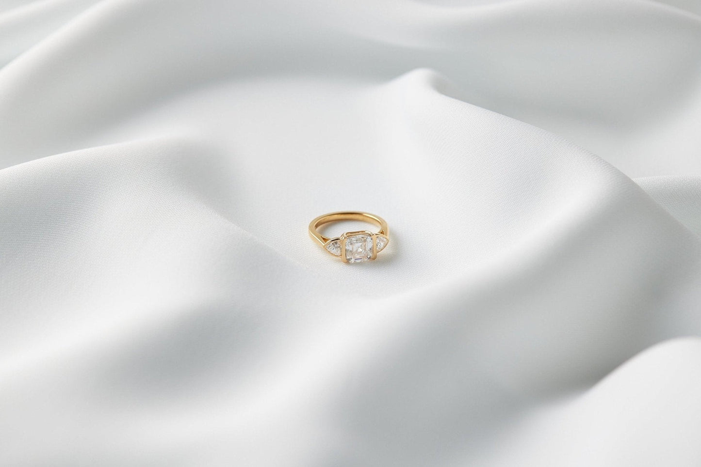 Asscher Lab Diamond Three Stone Ring with Trillion Accents