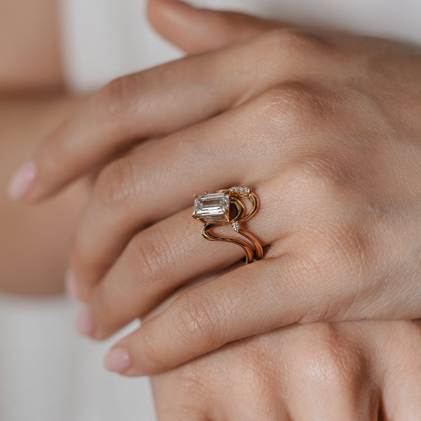 Emerald Lab Grown Diamond Sculpted Wave Engagement Ring