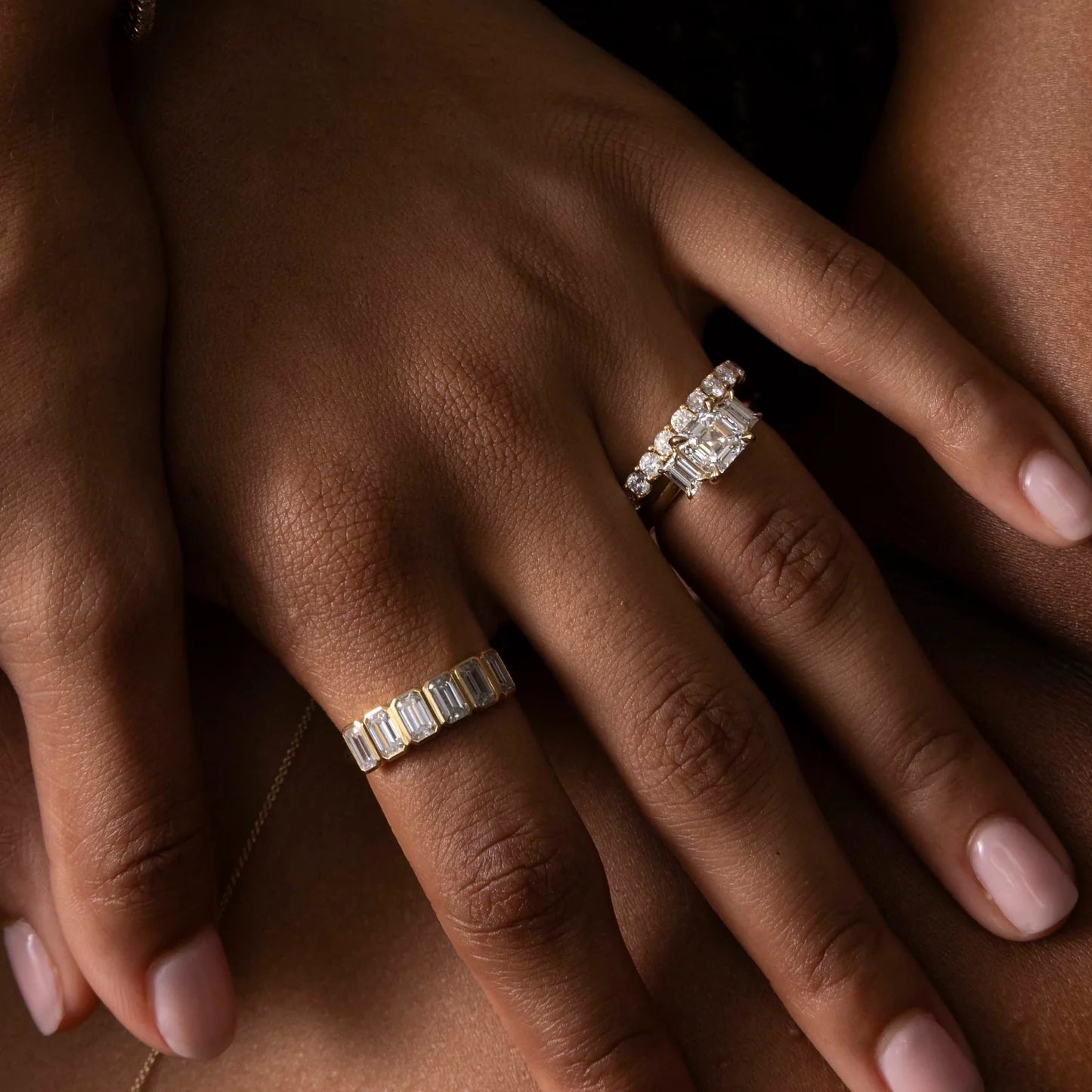 Asscher Cut Lab-Grown Diamond Three Stone Engagement Ring with Emerald Cut