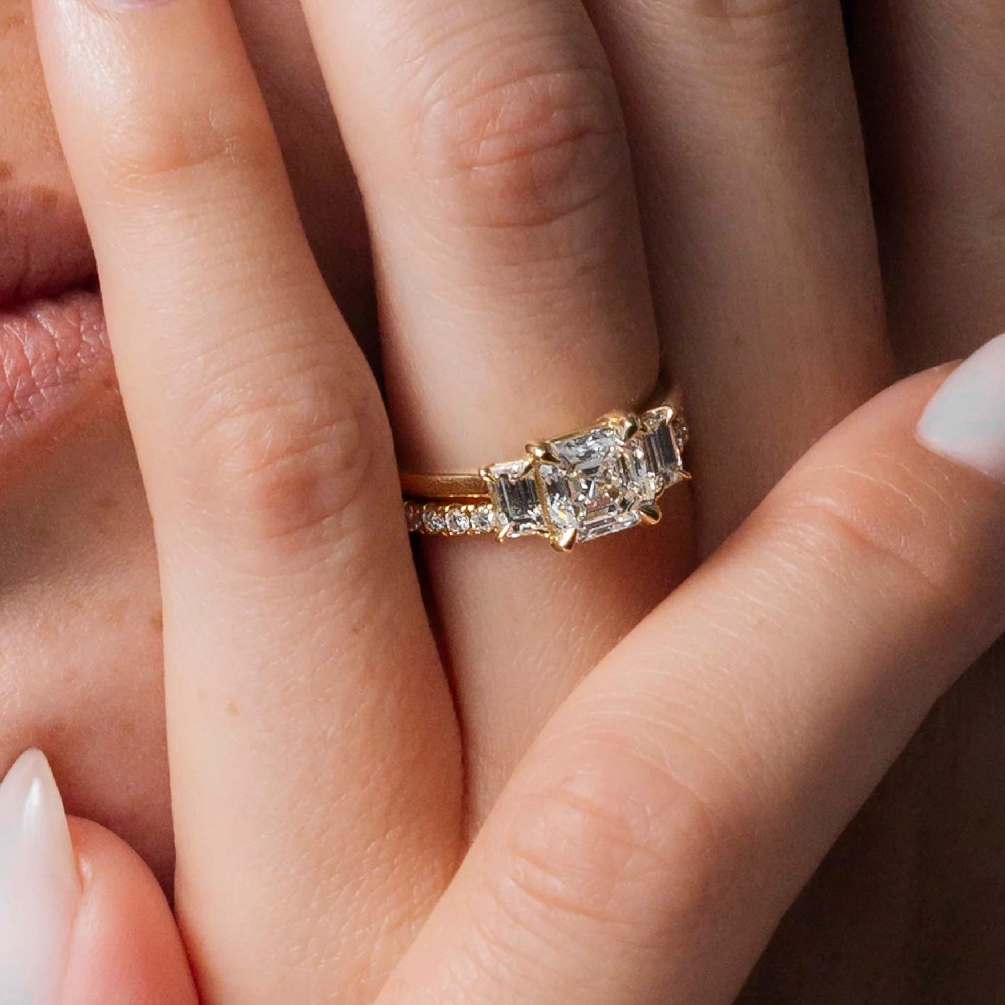 Asscher Cut Lab-Grown Diamond Three Stone Engagement Ring with Emerald Cut