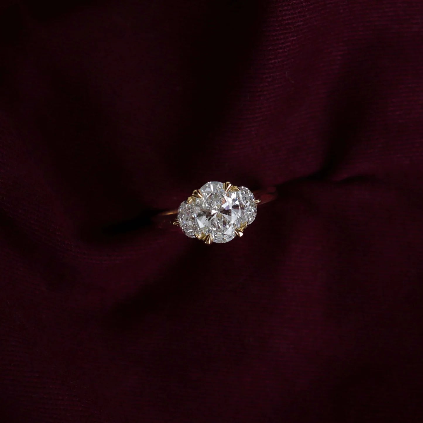 Oval Cut Lab-Grown Diamond Three Stone Engagement Ring with Half Moon Accents