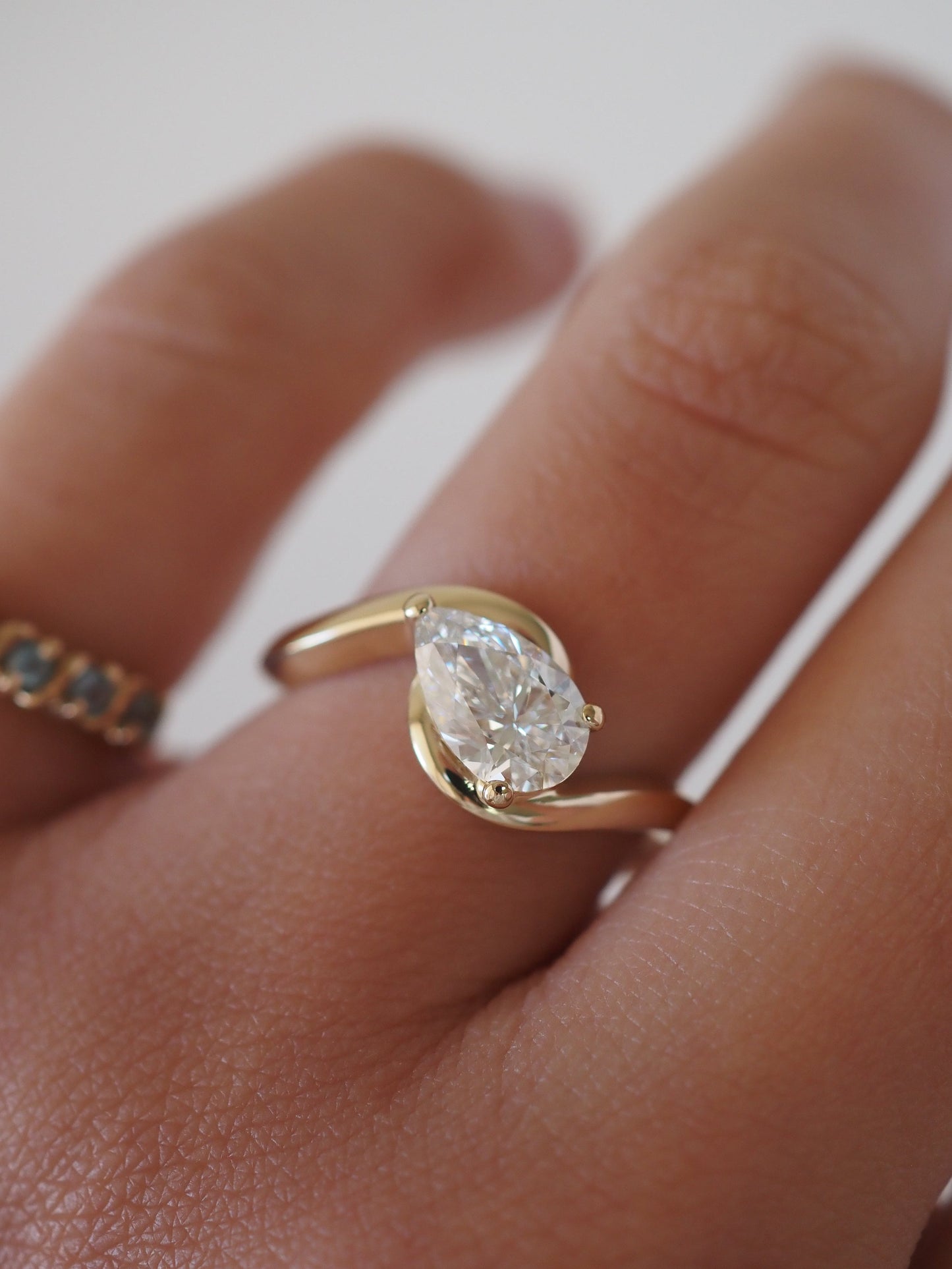 East-West Pear Lab Grown Diamond Half-Bezel Bypass Solitaire Engagement Ring