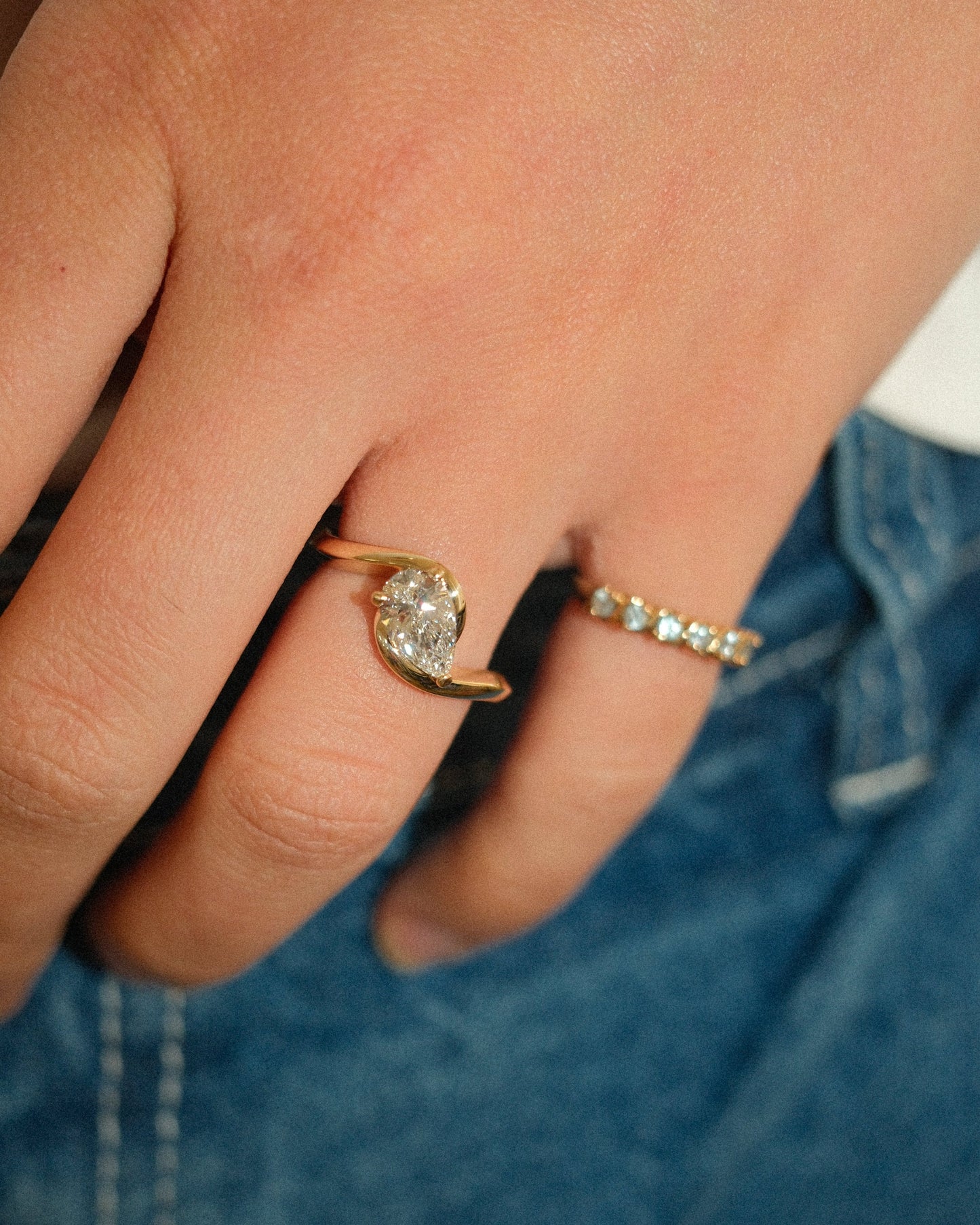 East-West Pear Lab Grown Diamond Half-Bezel Bypass Solitaire Engagement Ring