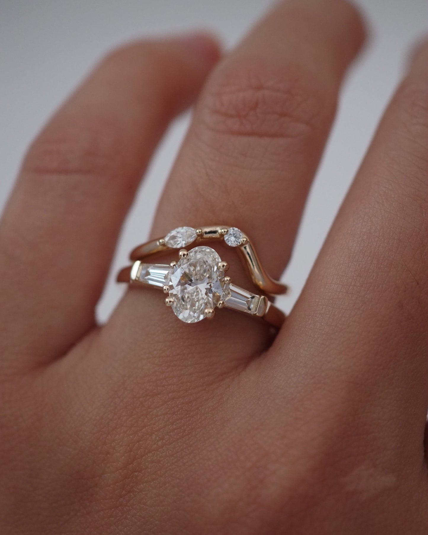 Oval Lab Diamond Three Stone Ring with Baguette Accents