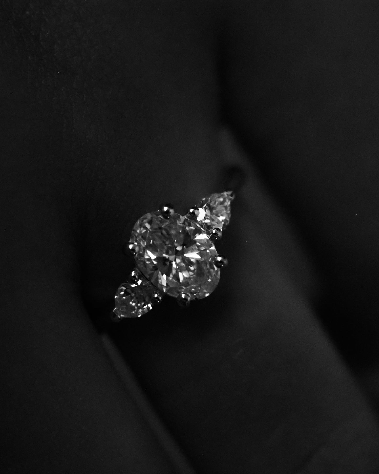 Oval Lab Diamond Three Stone Ring with Pear Accents