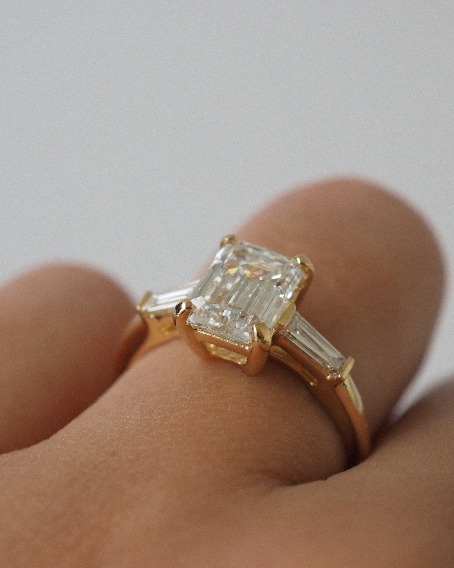 Emerald Lab Diamond Three Stone Ring with Baguette Accents