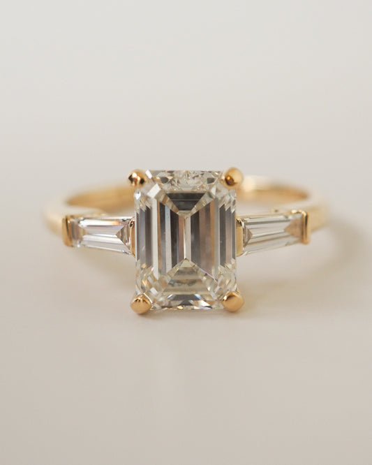 Emerald Lab Diamond Three Stone Ring with Baguette Accents