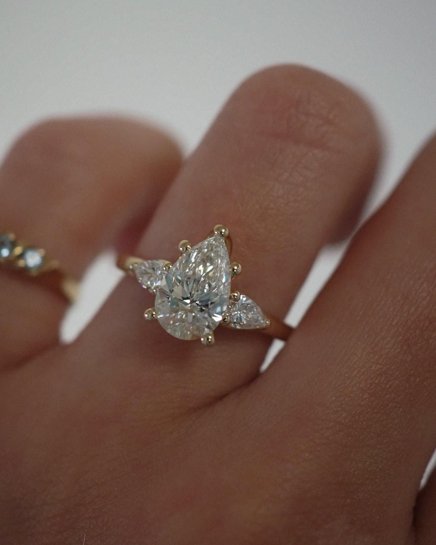 Pear Lab Diamond Three Stone Ring with Pear Accents