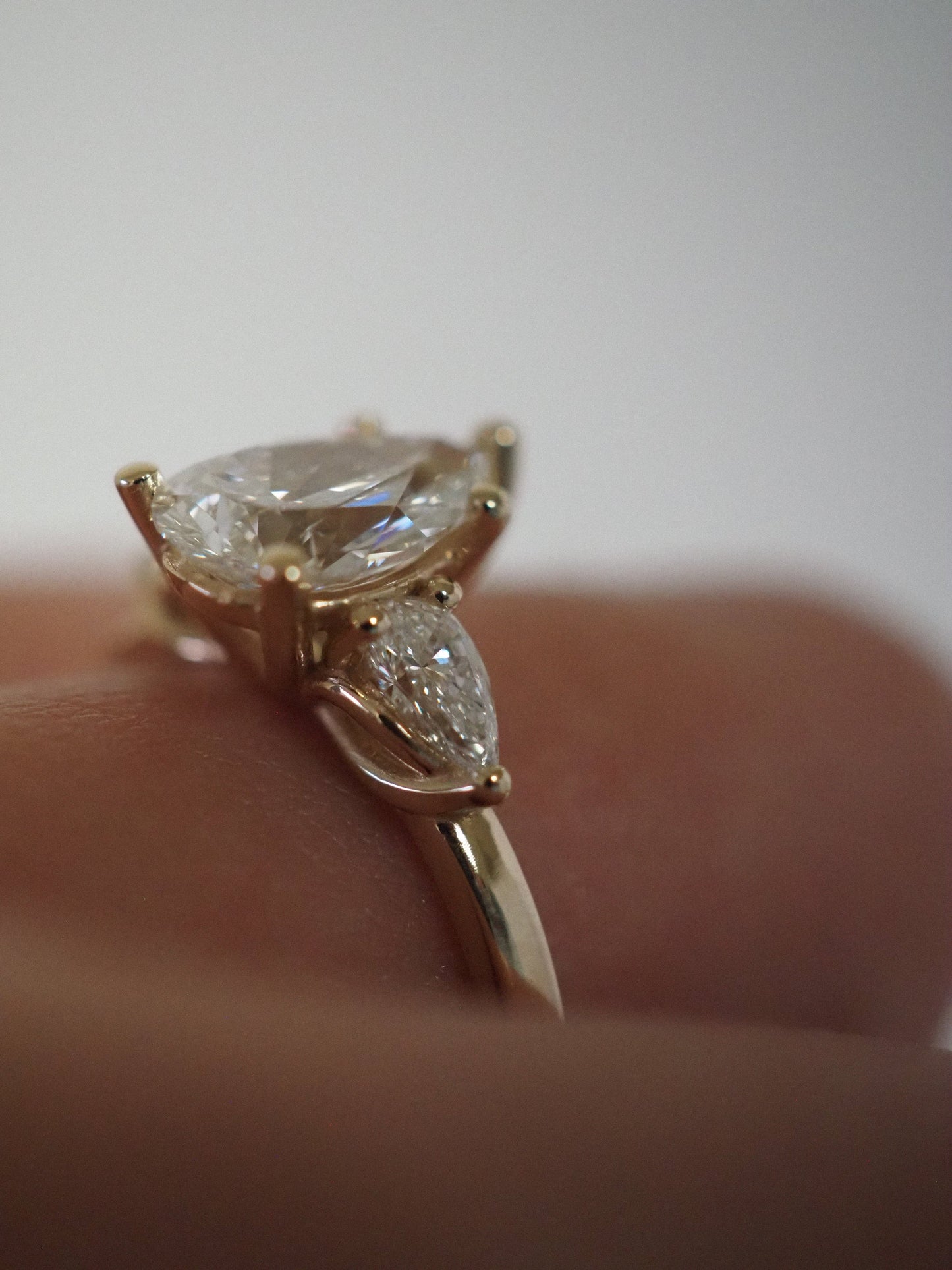 Pear Lab Diamond Three Stone Ring with Pear Accents