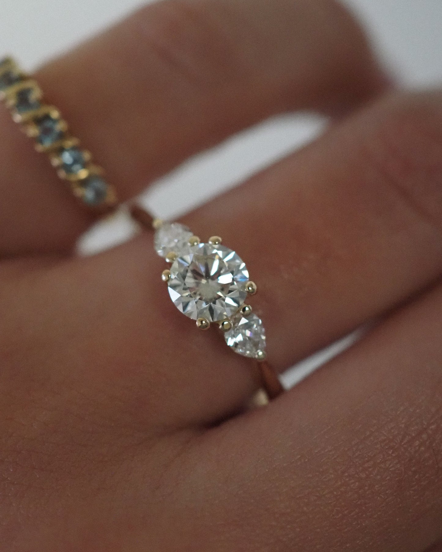 Round Lab Diamond Three Stone Ring with Pear Accents