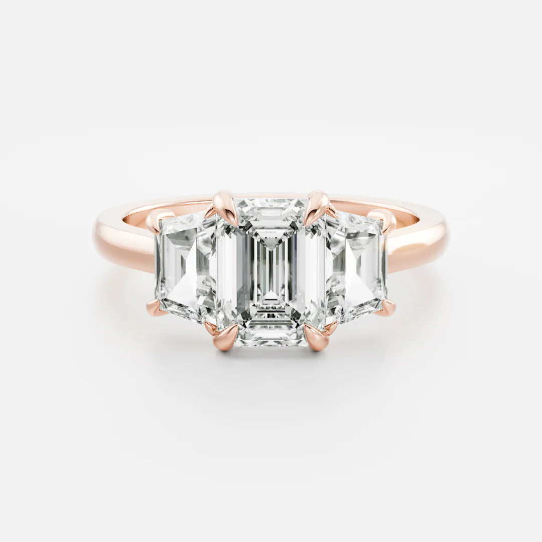 Emerald Cut Lab-Grown Diamond Three Stone Engagement Ring with Step Cut Accents