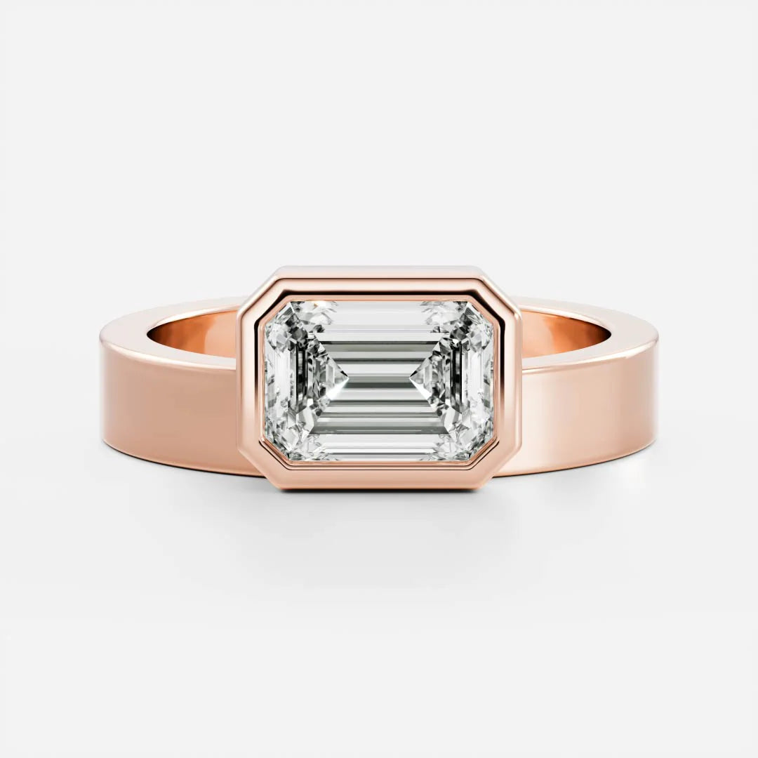 East-West Emerald Cut Lab-Grown Diamond Bezel Engagement Ring with Wide Band