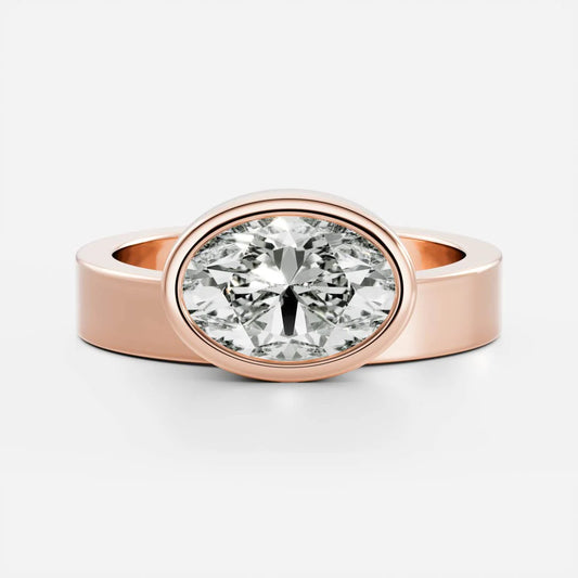 East-West Oval Cut Lab-Grown Diamond Bezel Engagement Ring with Wide Band