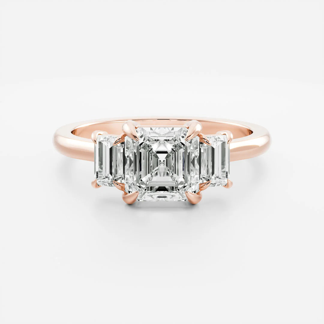 Asscher Cut Lab-Grown Diamond Three Stone Engagement Ring with Emerald Cut