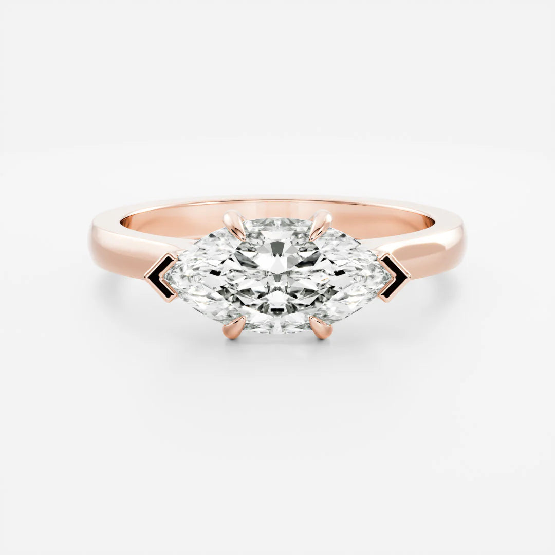 East-West Marquise Lab-Grown Diamond Solitaire Engagement Ring with Black Tip Accents