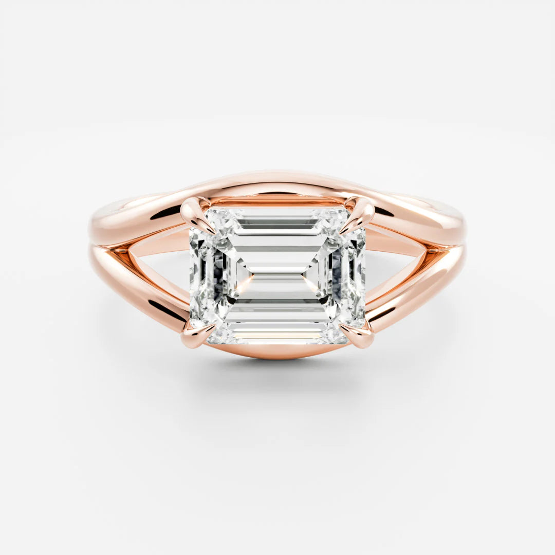 East-West Emerald Cut Lab-Grown Diamond Solitaire Engagement Ring with Split Shank