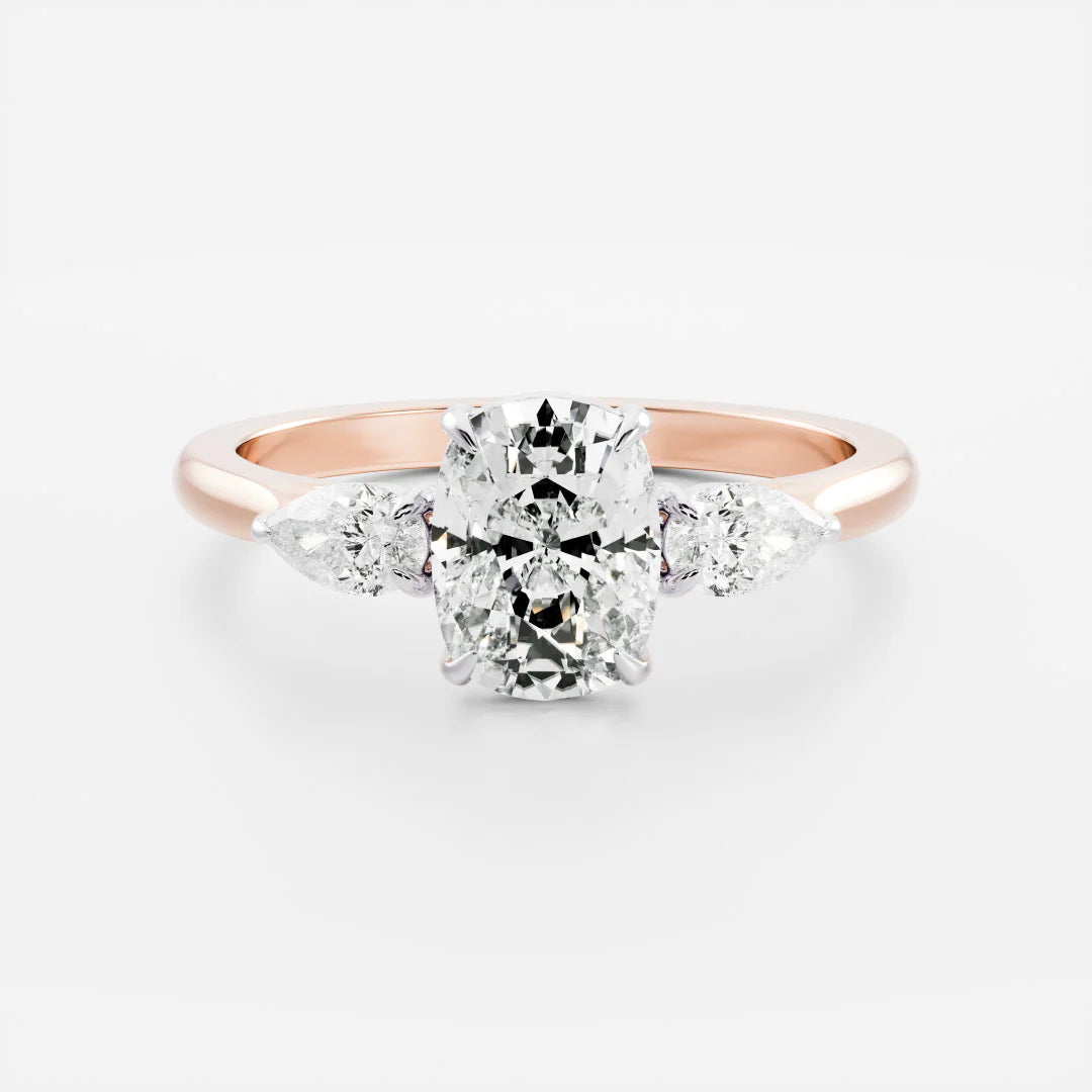 Elongated Cushion Lab-Grown Diamond Three Stone Ring with Pear Side Stones