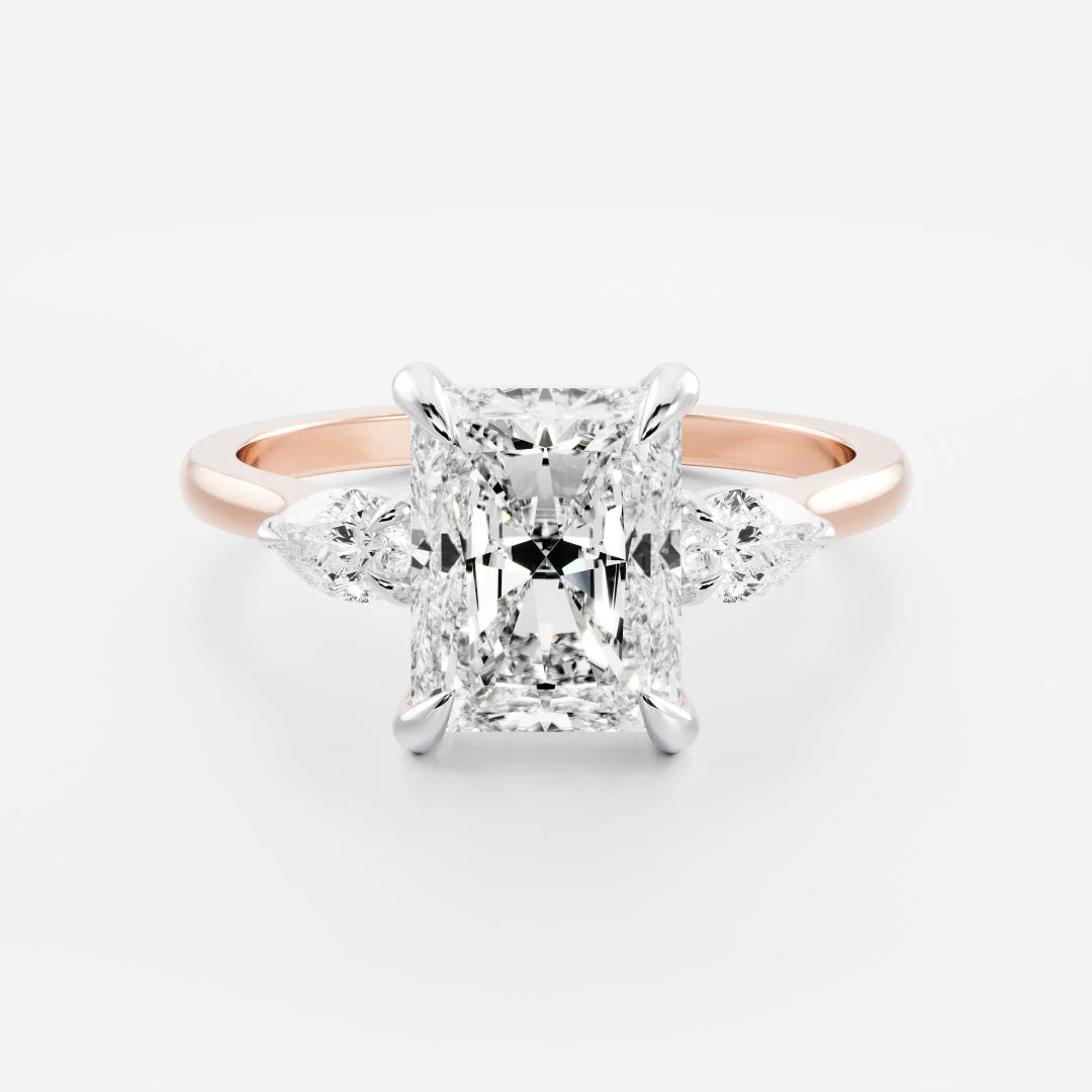 Radiant Cut Lab-Grown Diamond Three Stone Engagement Ring with Pear Accents