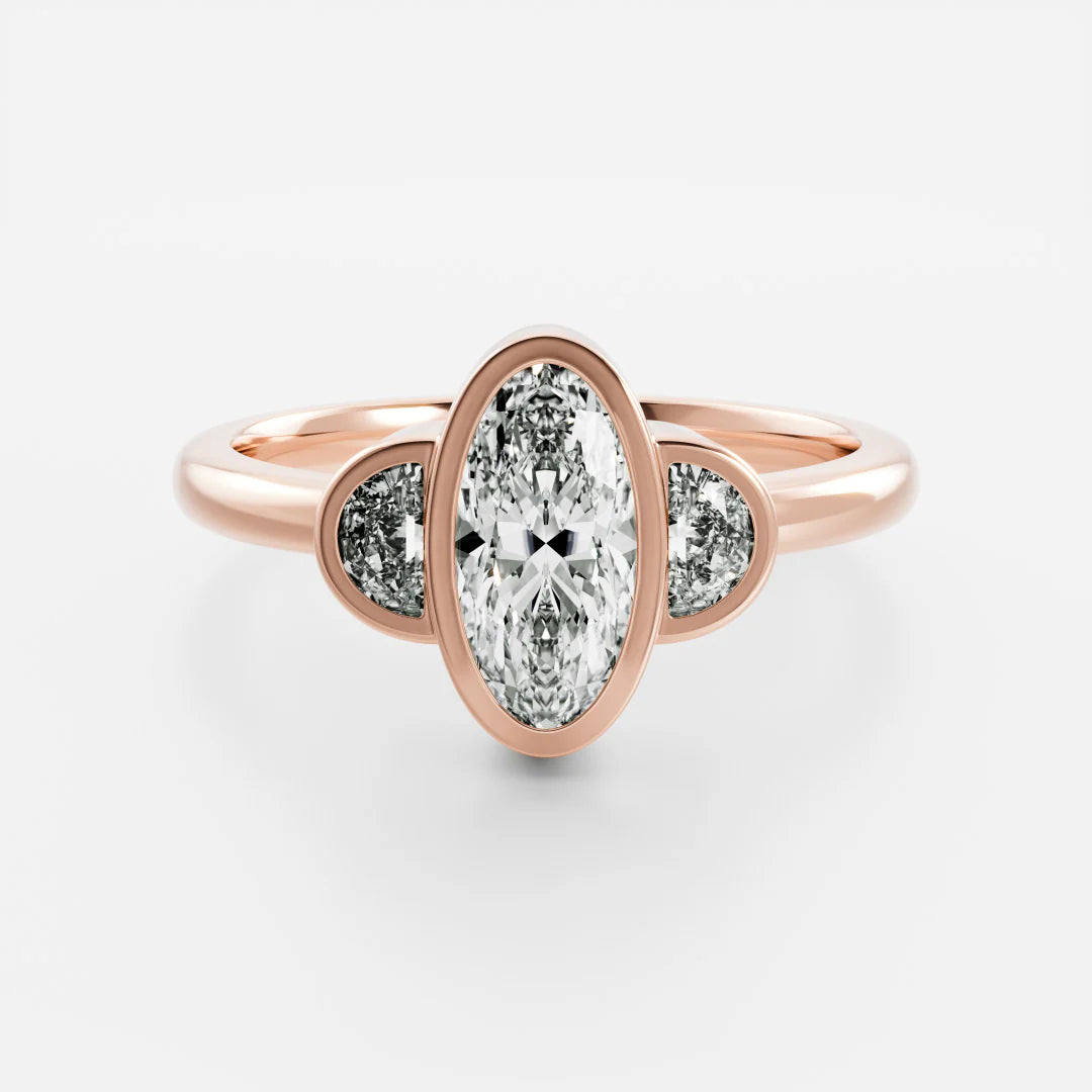 Oval & Half-Moon Lab-Grown Diamond Three Stone Bezel Engagement Ring