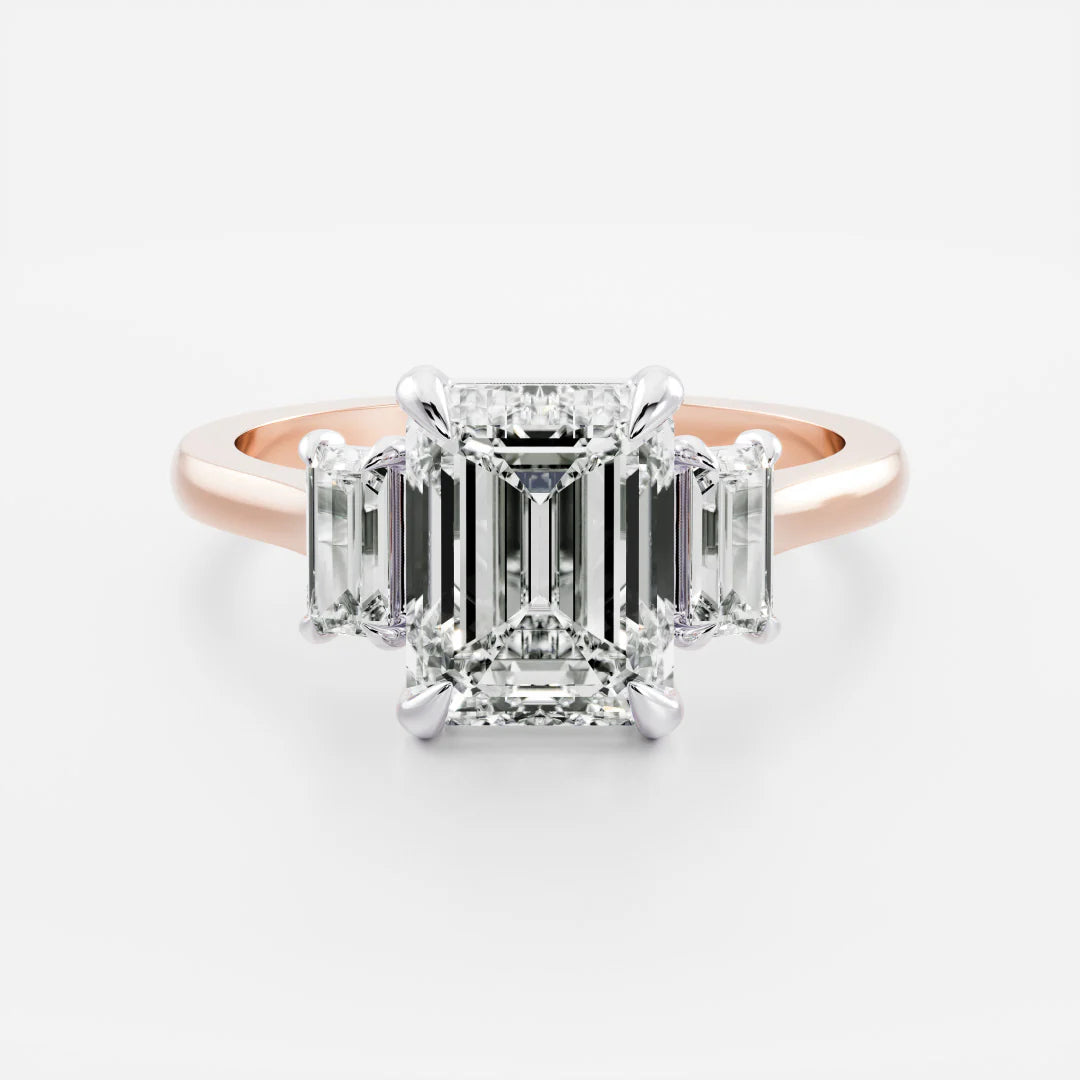 Emerald Cut Lab-Grown Diamond Three Stone Ring with Baguette Side Stones