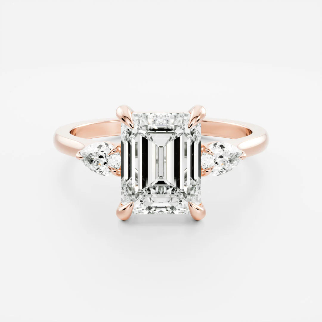 Emerald Cut Lab-Grown Diamond Three Stone Engagement Ring with Pear Accents