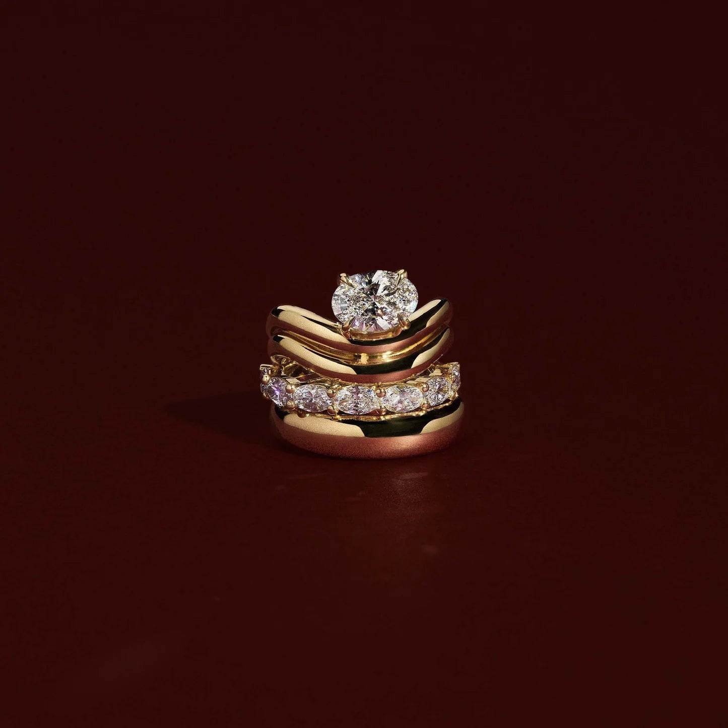 Oval Lab-Grown Diamond Solitaire Engagement Ring with Double Wave Band