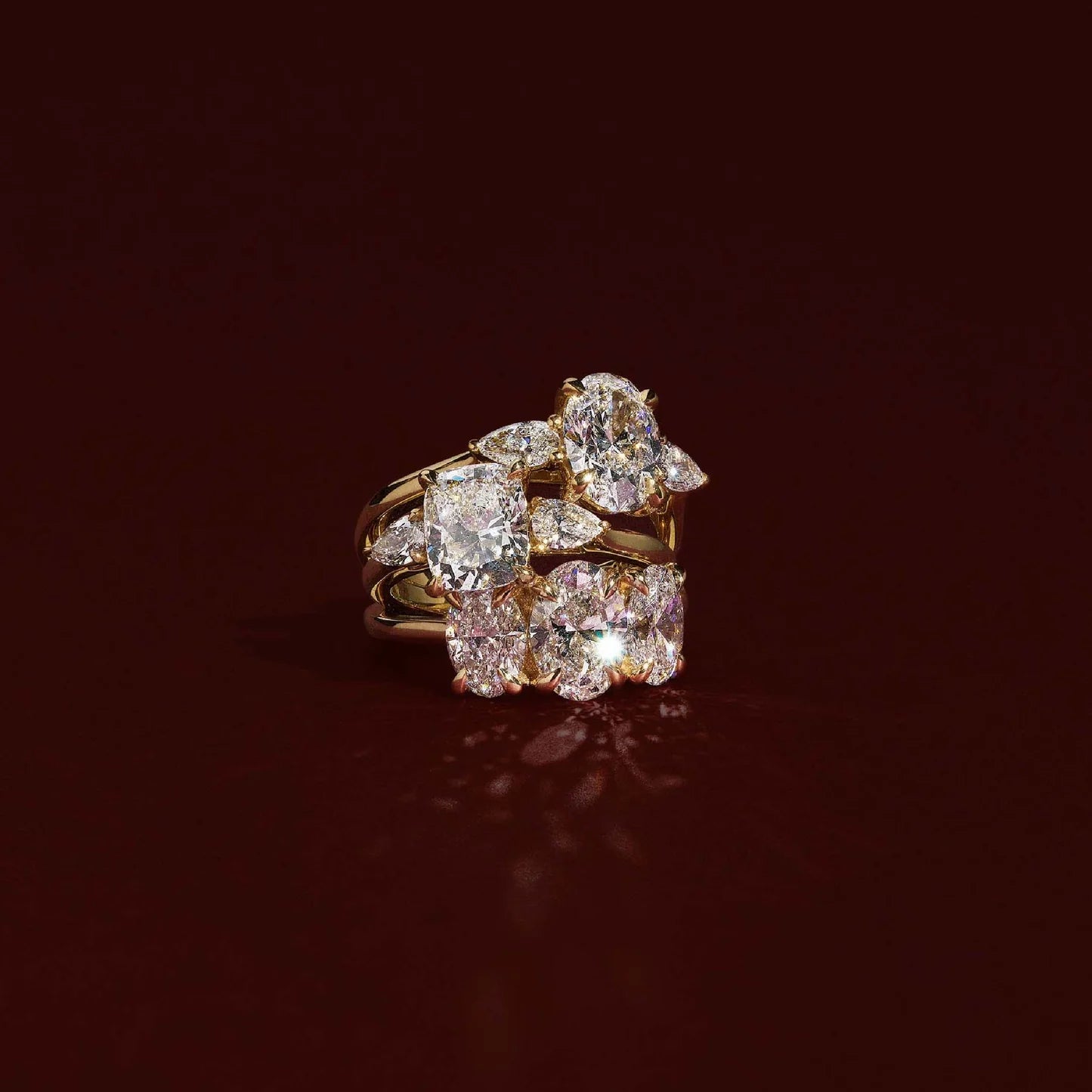 Elongated Cushion Lab-Grown Diamond Three Stone Ring with Pear Side Stones