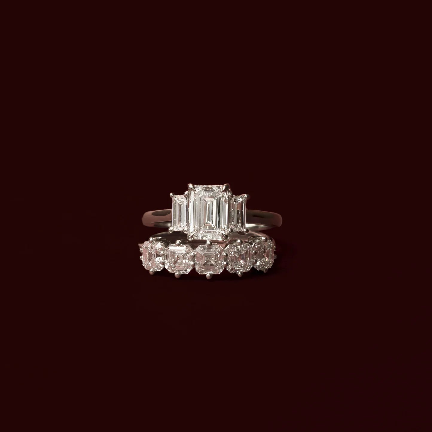 Emerald Cut Lab-Grown Diamond Three Stone Ring with Baguette Side Stones