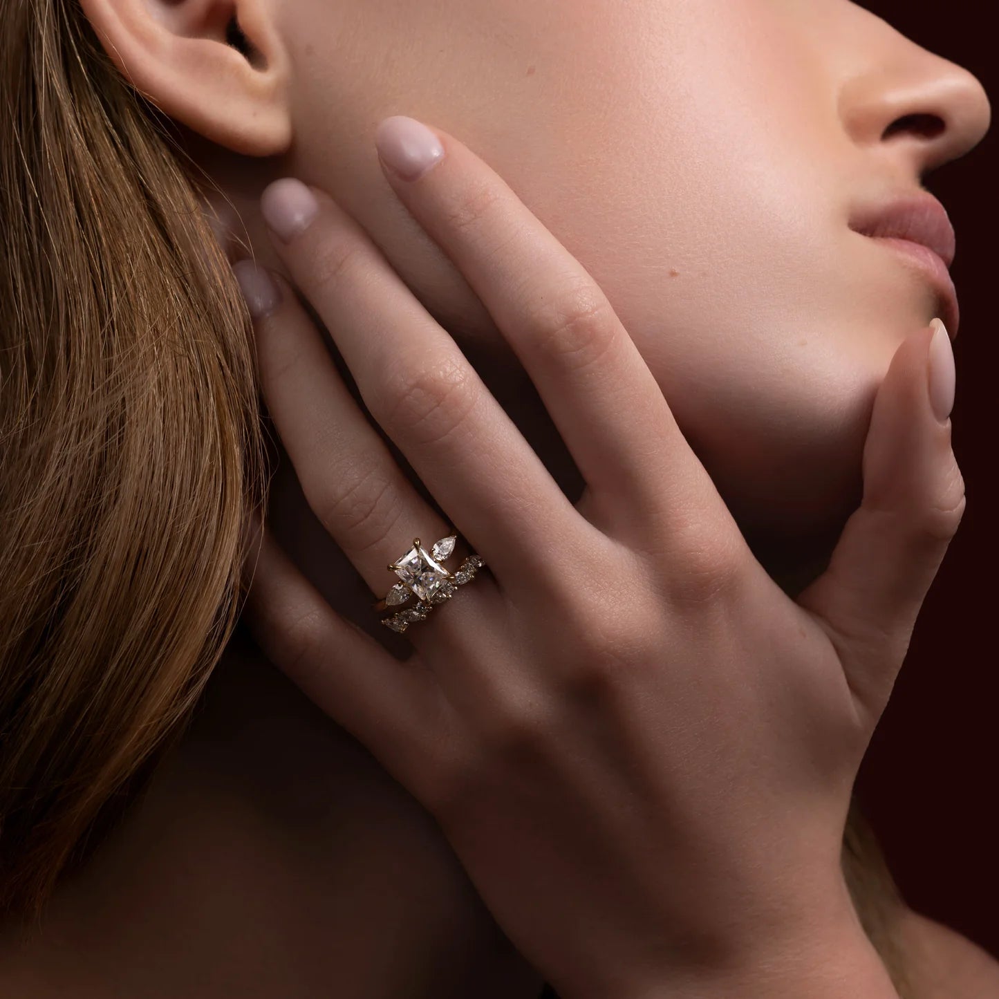 Radiant Cut Lab-Grown Diamond Three Stone Engagement Ring with Pear Accents
