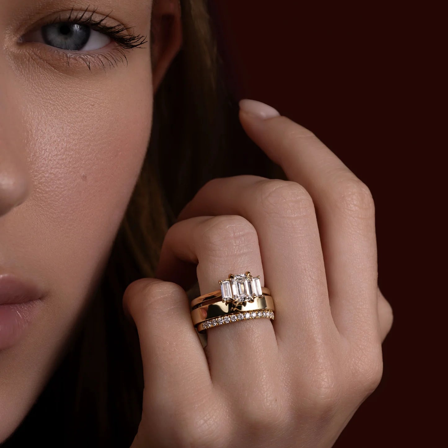 Emerald Cut Lab-Grown Diamond Three Stone Ring with Baguette Side Stones