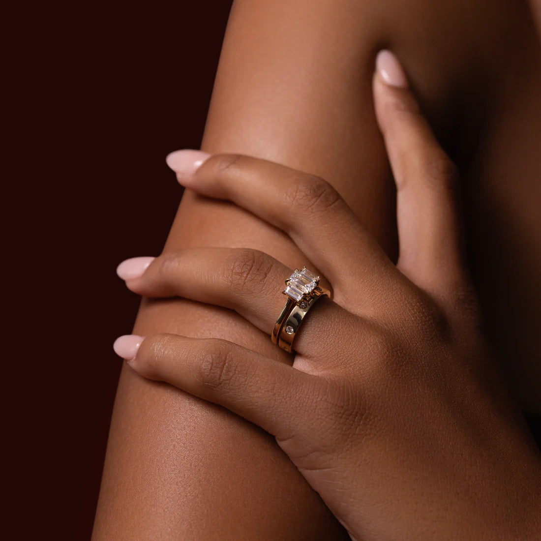 Emerald Cut Lab-Grown Diamond Three Stone Ring with Baguette Side Stones