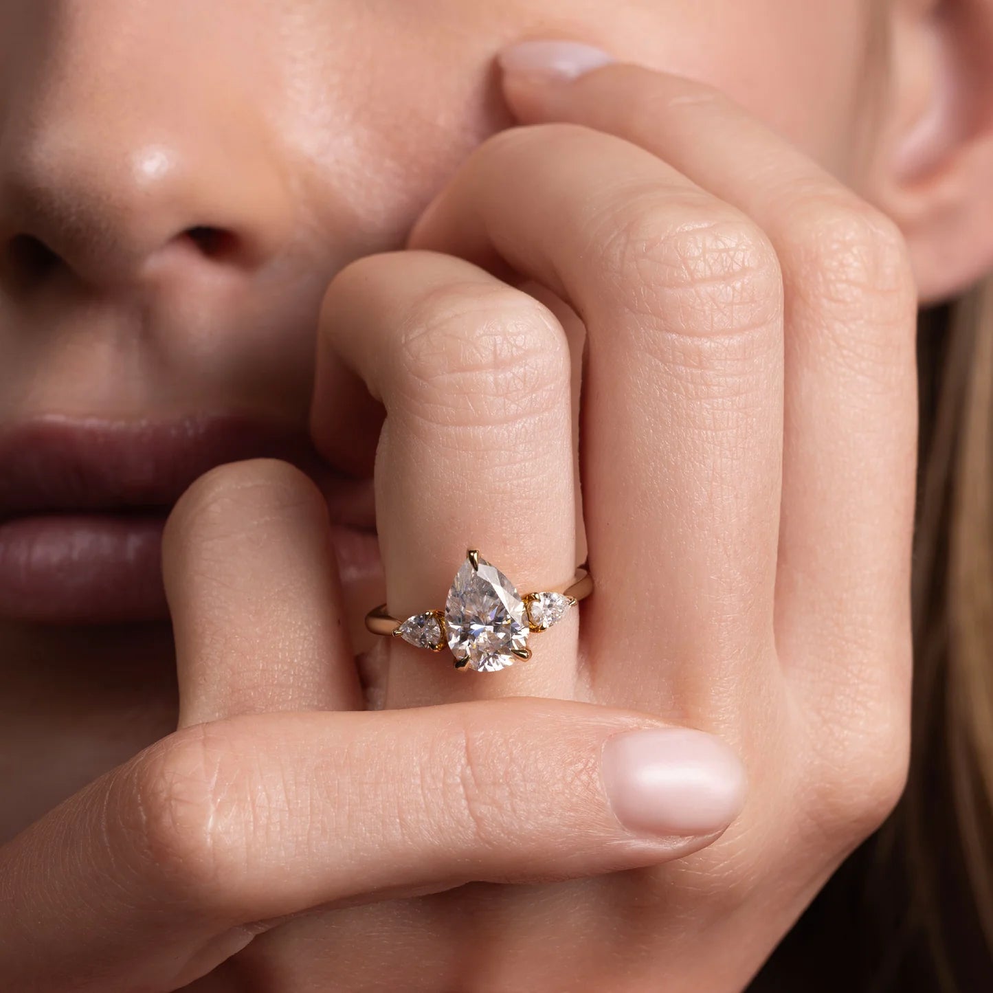Pear Lab-Grown Diamond Three Stone Engagement Ring with Pear Side Stones