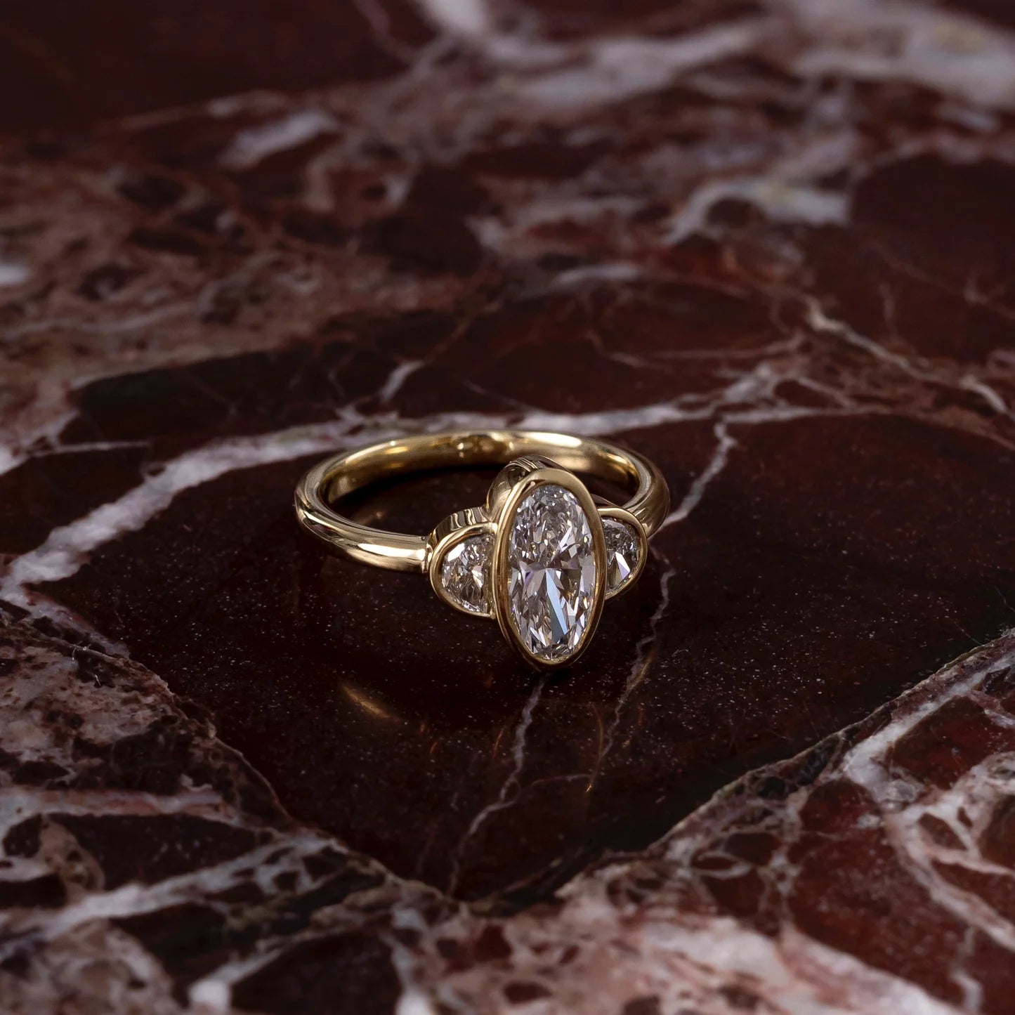 Oval & Half-Moon Lab-Grown Diamond Three Stone Bezel Engagement Ring