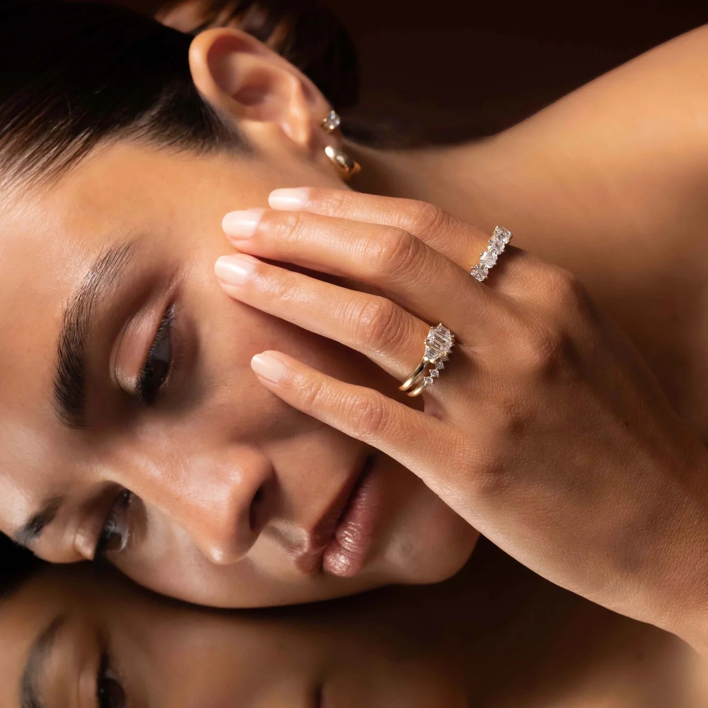 Emerald Cut Lab-Grown Diamond Three Stone Engagement Ring with Step Cut Accents