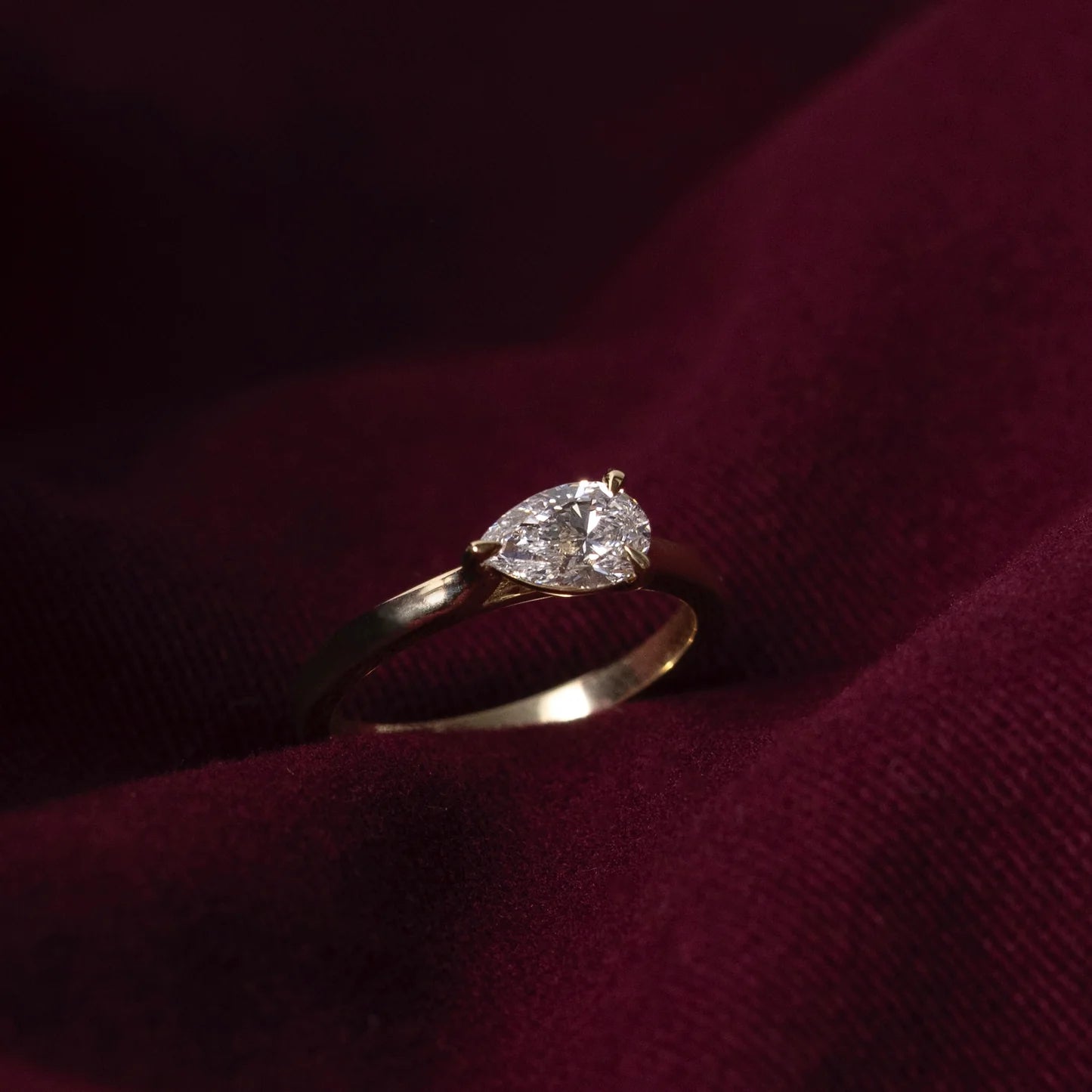 East-West Pear Cut Lab-Grown Diamond Solitaire Engagement Ring with Plain Band