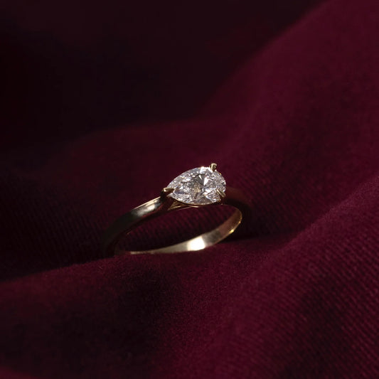 East-West Pear Cut Lab-Grown Diamond Solitaire Engagement Ring with Plain Band
