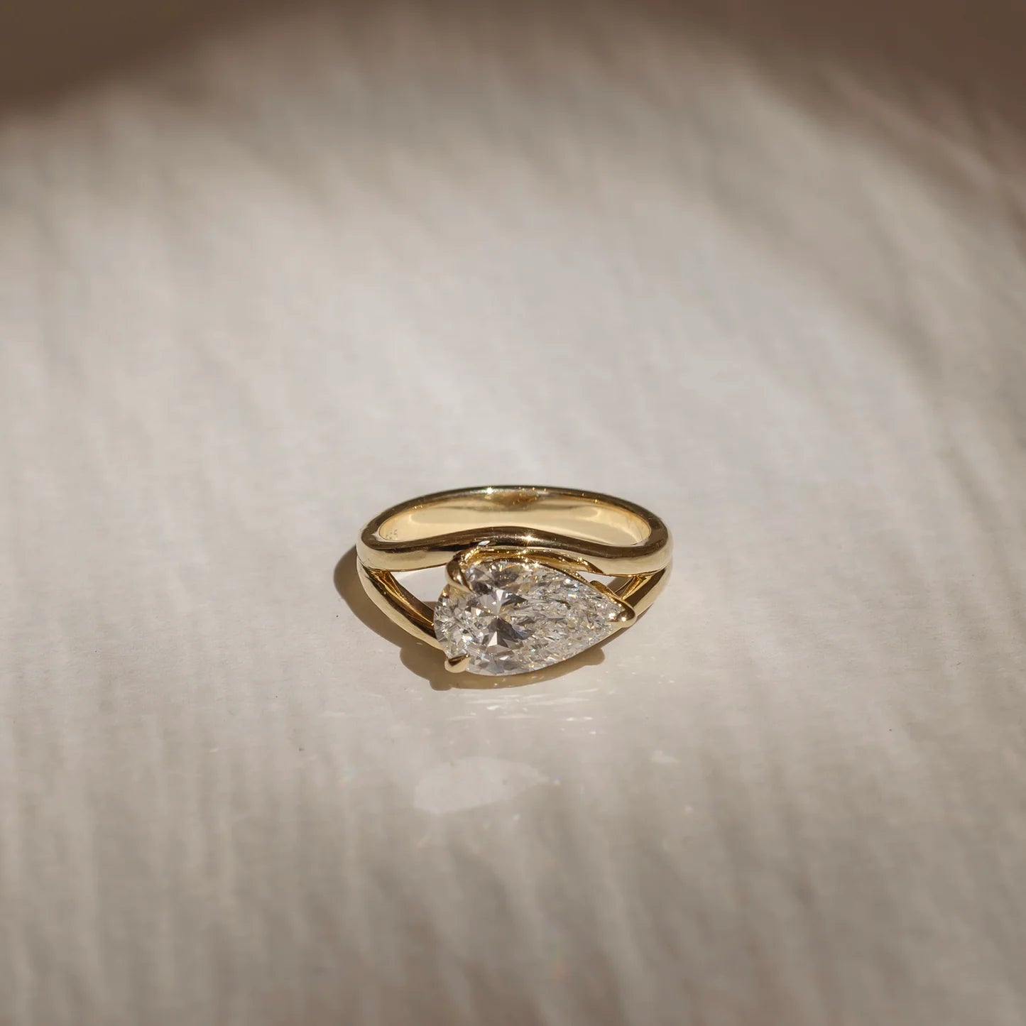 East-West Pear Cut Lab-Grown Diamond Solitaire Engagement Ring with Split Shank