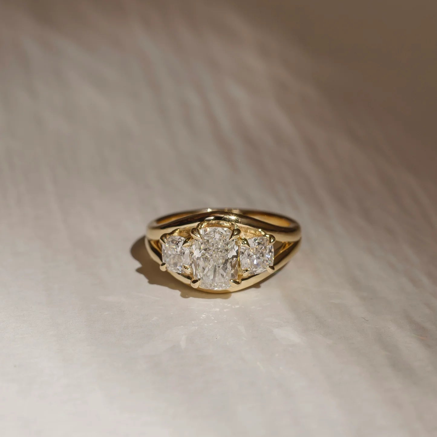 Cushion Cut Lab-Grown Diamond Three Stone Engagement Ring with Split Shank