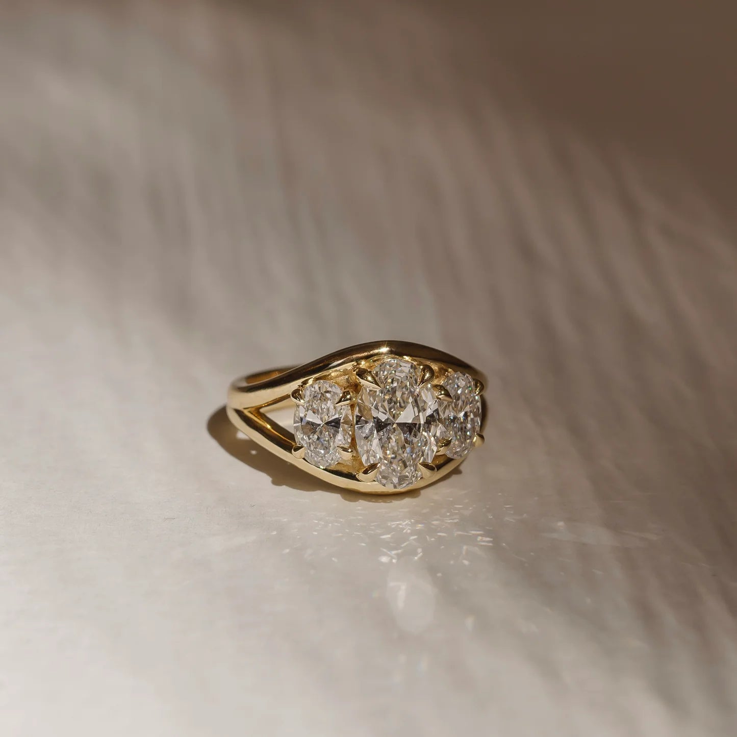 Oval Cut Lab-Grown Diamond Three Stone Engagement Ring with Split Shank