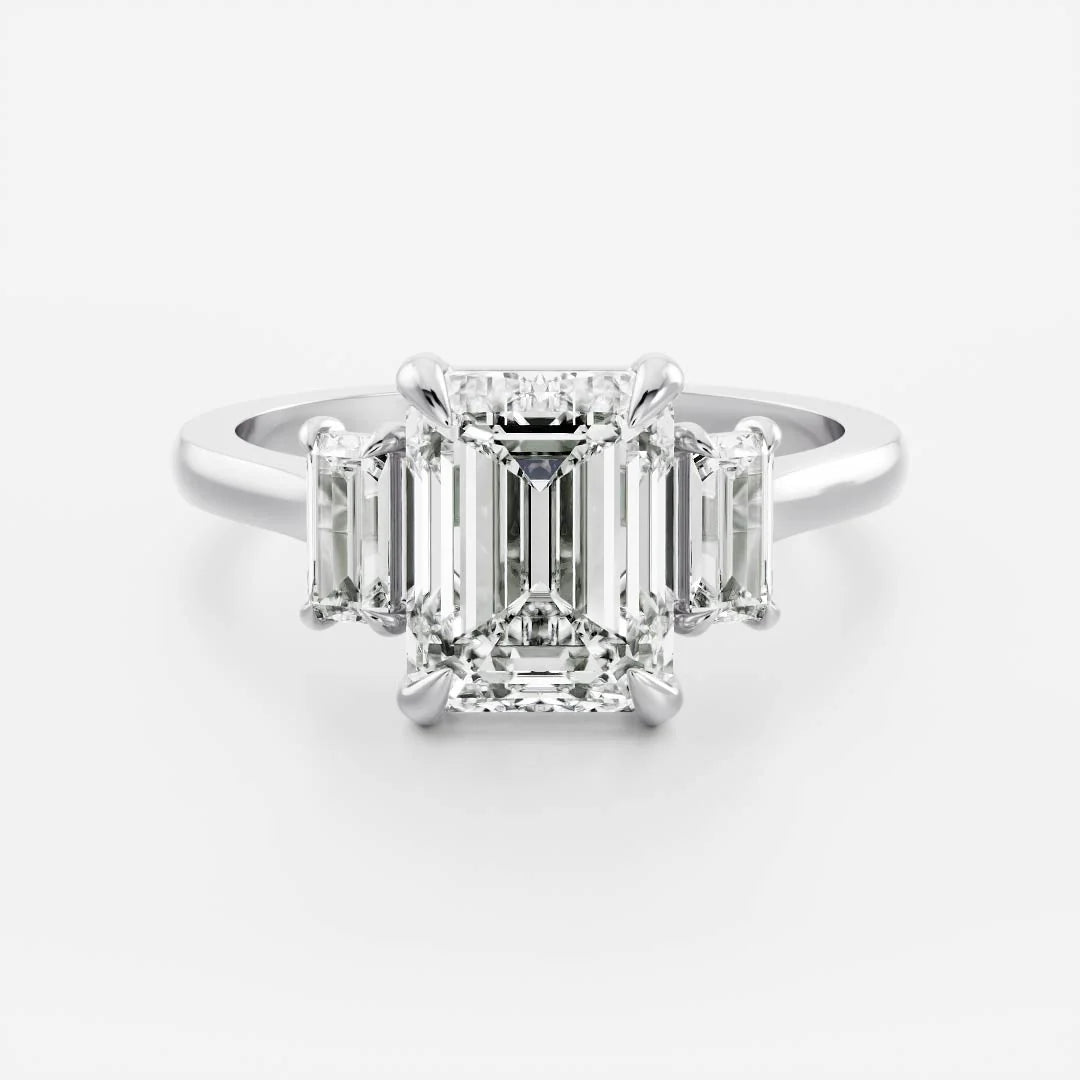Emerald Cut Lab-Grown Diamond Three Stone Ring with Baguette Side Stones