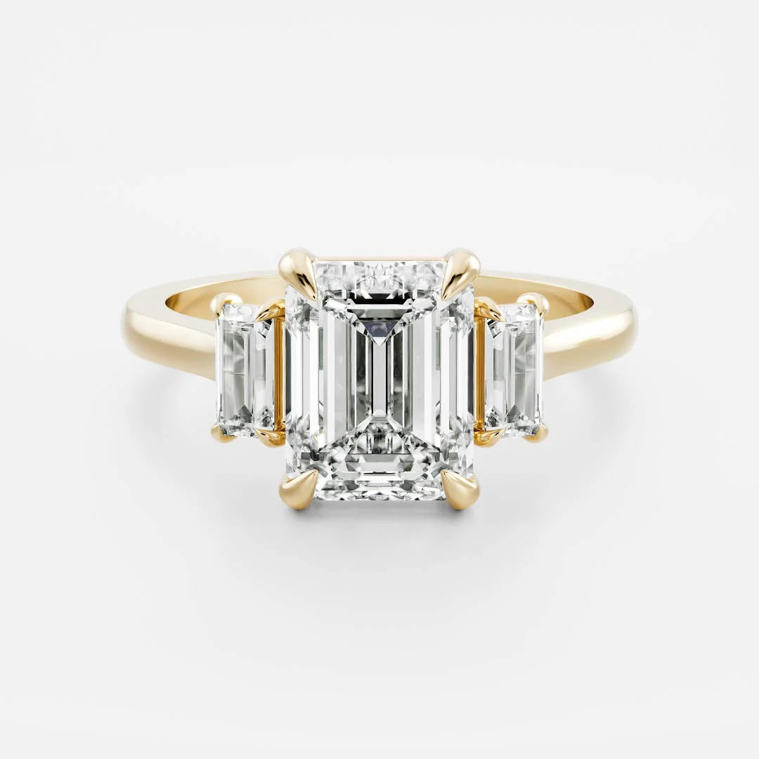 Emerald Cut Lab-Grown Diamond Three Stone Ring with Baguette Side Stones