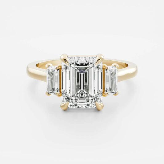 Emerald Cut Lab-Grown Diamond Three Stone Ring with Baguette Side Stones