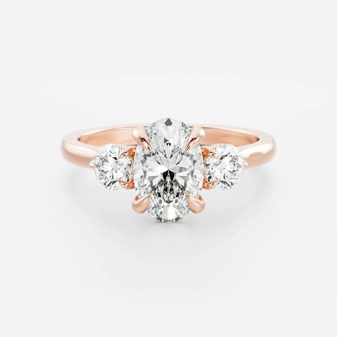 Oval & Round Lab-Grown Diamond Three Stone Engagement Ring with Plain Band