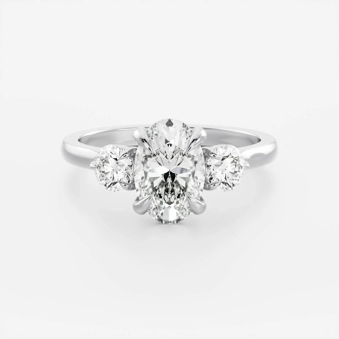 Oval & Round Lab-Grown Diamond Three Stone Engagement Ring with Plain Band