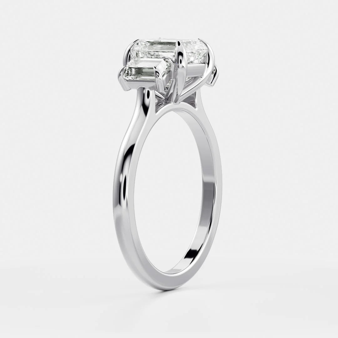 Asscher Cut Lab-Grown Diamond Three Stone Engagement Ring with Emerald Cut