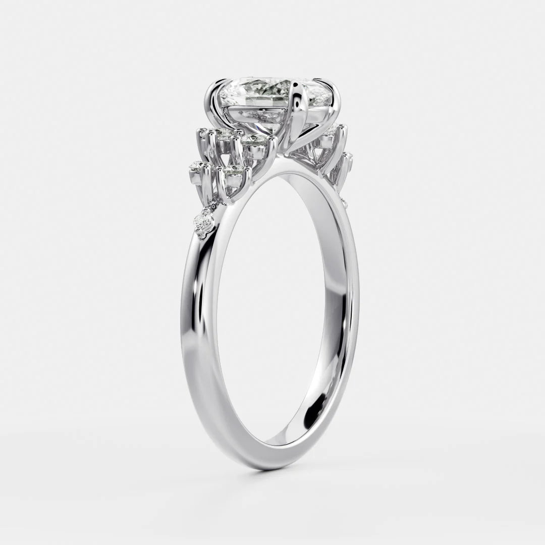 Oval Lab-Grown Diamond Solitaire Engagement Ring with Cluster Diamond Shoulders