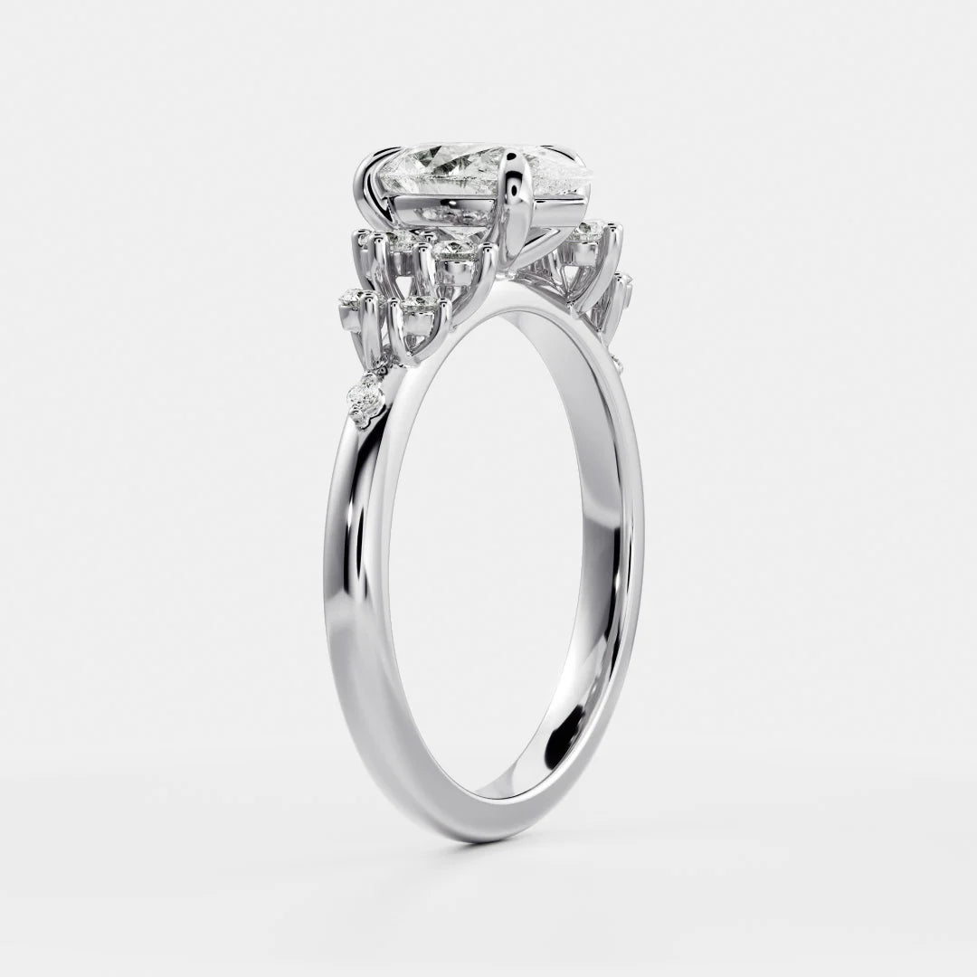 Pear Cut Lab-Grown Diamond Solitaire Engagement Ring with Cluster Diamond Shoulders