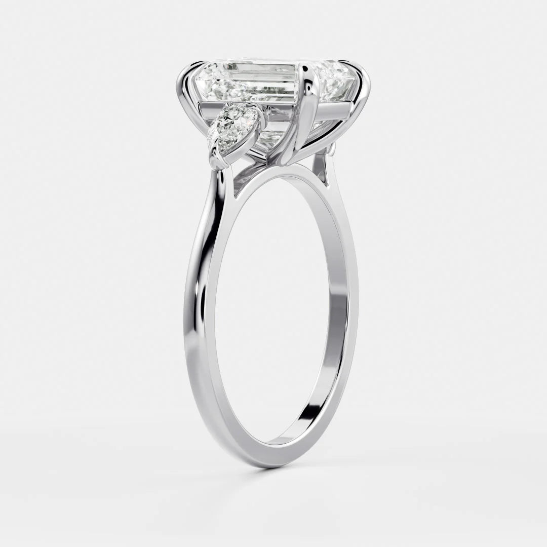 Emerald Cut Lab-Grown Diamond Three Stone Engagement Ring with Pear Accents