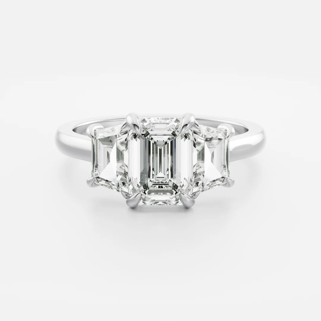 Emerald Cut Lab-Grown Diamond Three Stone Engagement Ring with Step Cut Accents