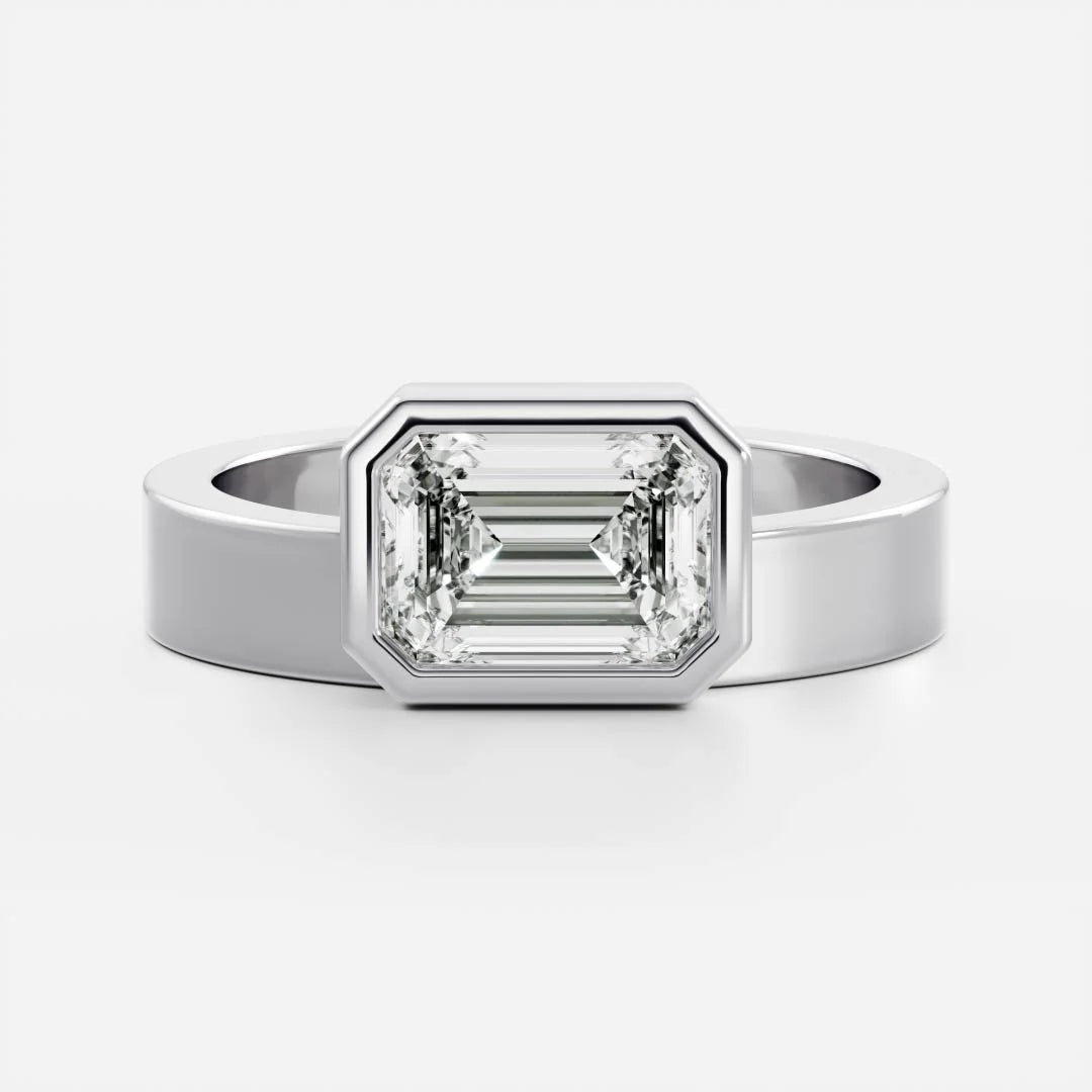 East-West Emerald Cut Lab-Grown Diamond Bezel Engagement Ring with Wide Band
